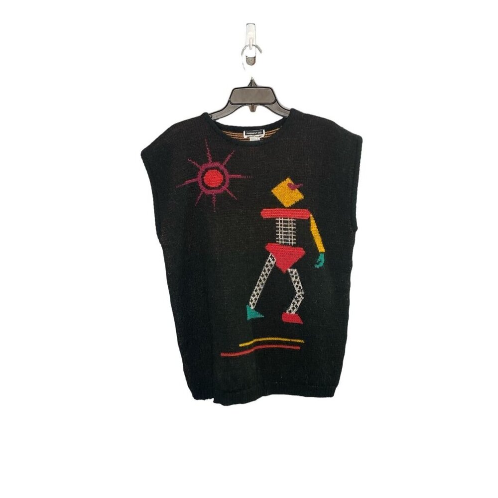 Vtg Present Co by Bobbie Brooks Y2K Sleeveless Sweater Black Sun Robot size Med